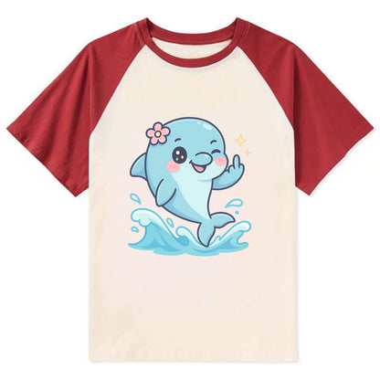 smiling dolphin jumping through ocean waves, one fin up with attitude - Contrast Raglan T-shirt - Red