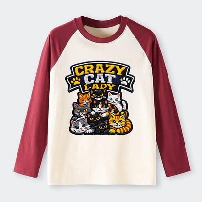 CRAZY CAT LADY - cat pile in multicolor , cat collector - Raglan Long Sleeve T-Shirt - Red