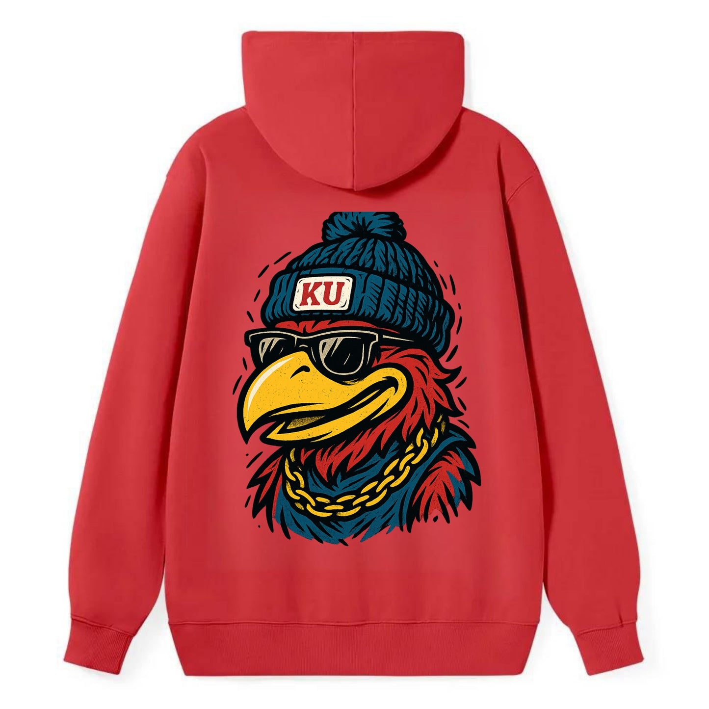 Lawrence Jayhawk wearing Kansas beanie with KU patch - Classic Pullover Hoodie - Red