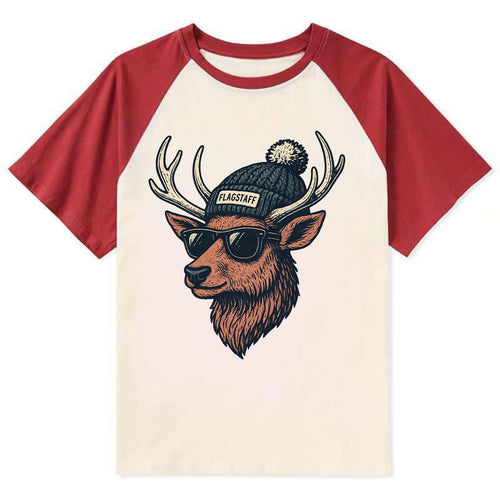 Flagstaff Elk wearing Flagstaff beanie with pom pom and wayfarer - Contrast Raglan T-shirt