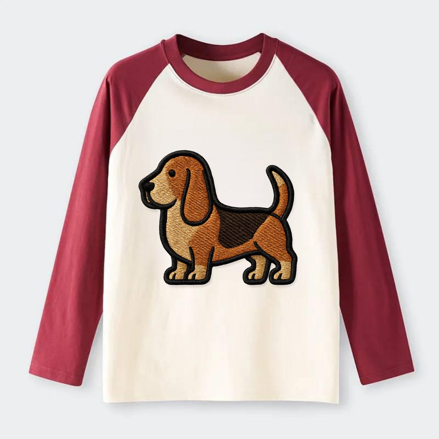 Basset Hound - Trendy low-rider design with prominent black outline - Raglan Long Sleeve T-Shirt - Red