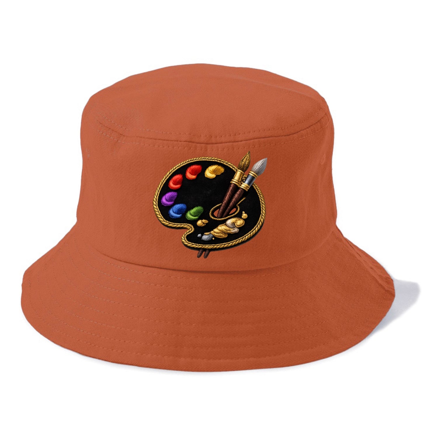 Embroidered patch design - PAINT PALETTE - artist palette with brushes in rainbow and - Bucket Hat - Red