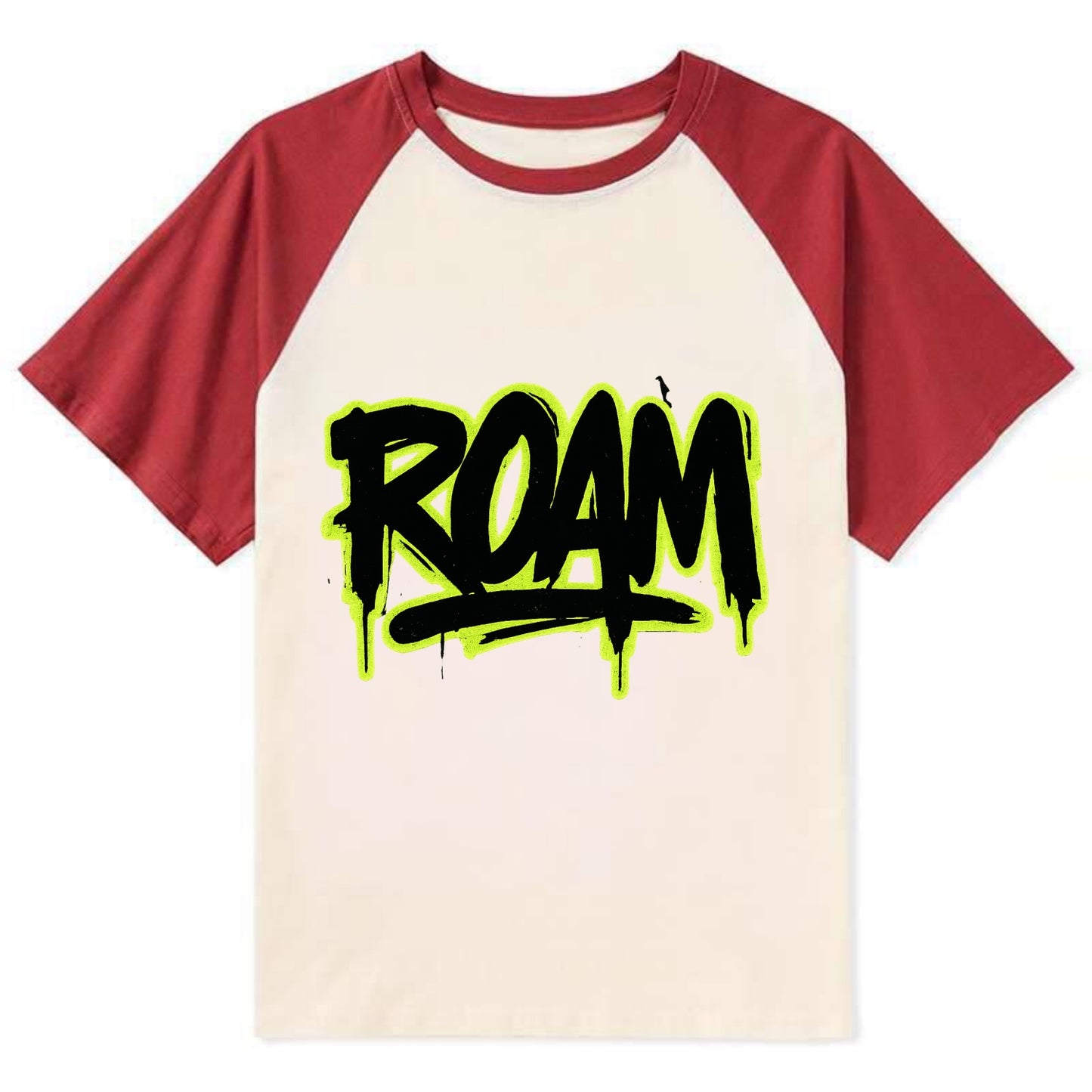 Bold typography design - "ROAM" - wander freely, no destination needed - Contrast Raglan T-shirt - Red