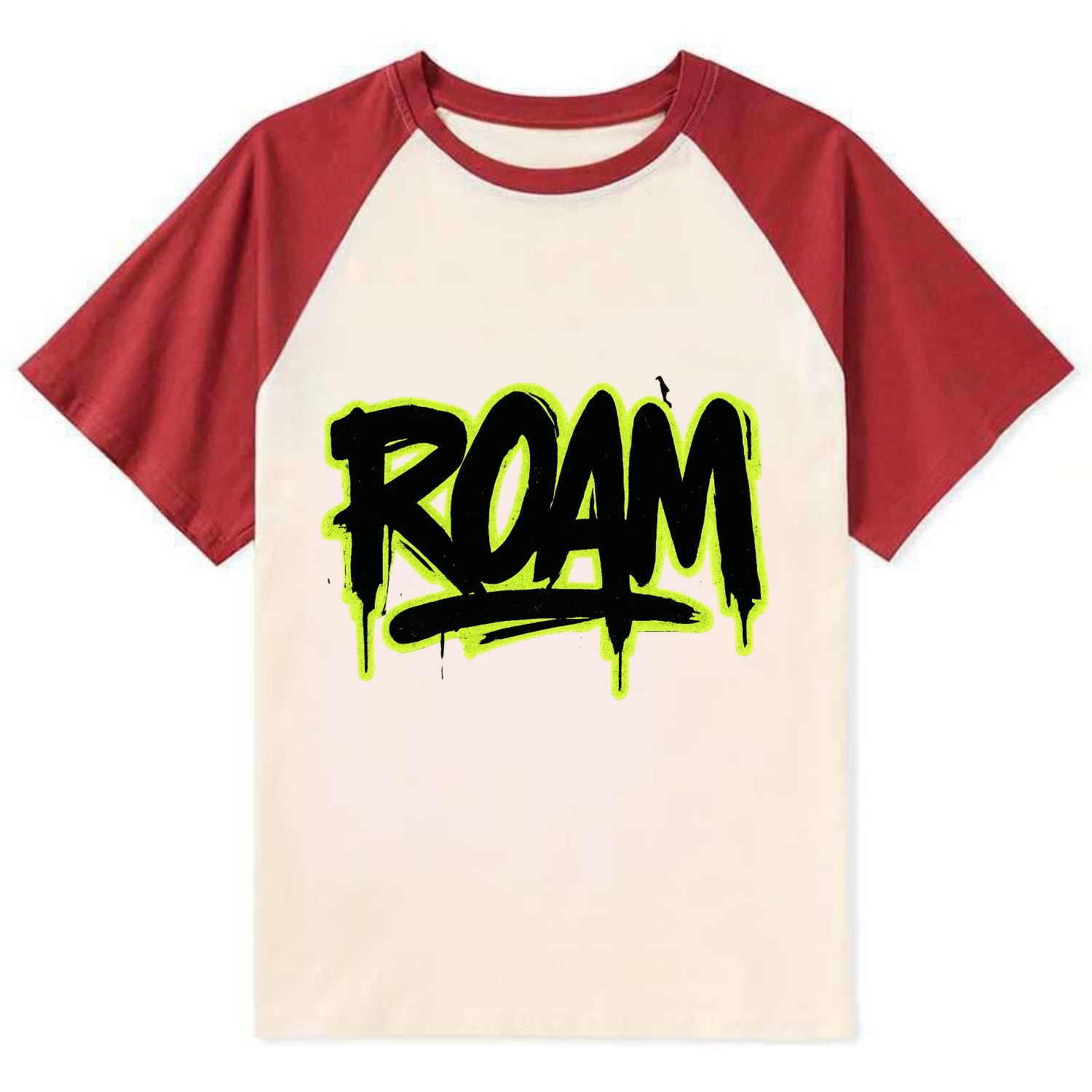 Bold typography design - "ROAM" - wander freely, no destination needed - Contrast Raglan T-shirt - Red