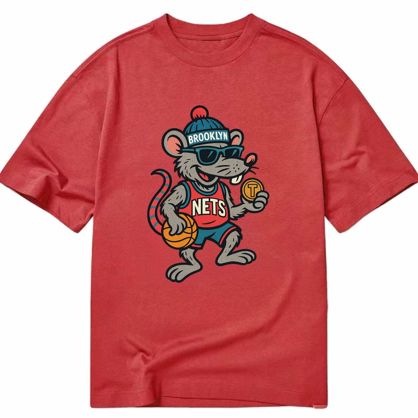 Brooklyn Rat wearing Nets beanie with subway token and wayfarer sunglasses - Classic T-shirt - Red