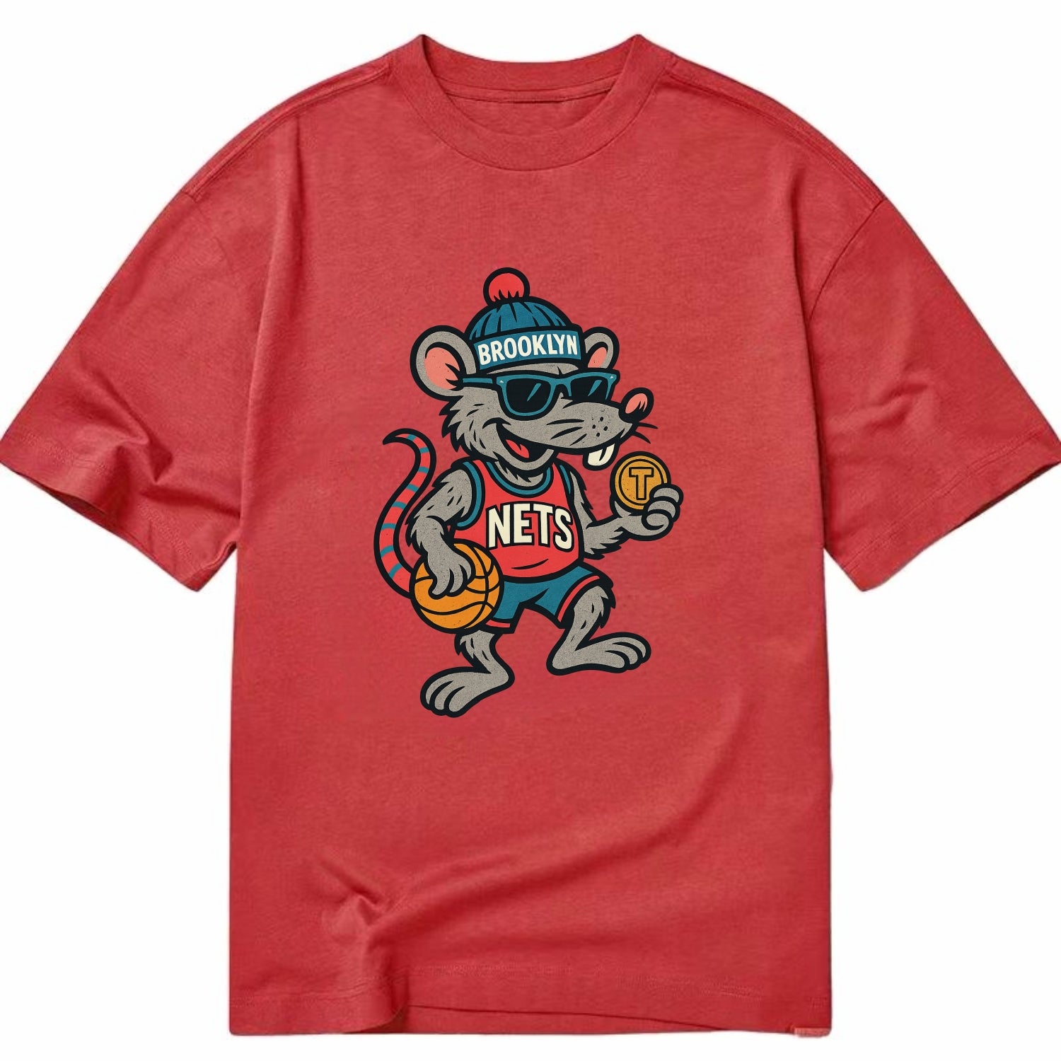 Brooklyn Rat wearing Nets beanie with subway token and wayfarer sunglasses - Classic T-shirt - Red