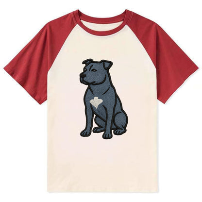 American Staffordshire Terrier - Blue embroidered design - Contrast Raglan T-shirt - Red