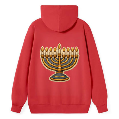 MENORAH LIGHTS - nine branch candelabra in gold and blue , Hanukkah - Classic Pullover Hoodie - Red