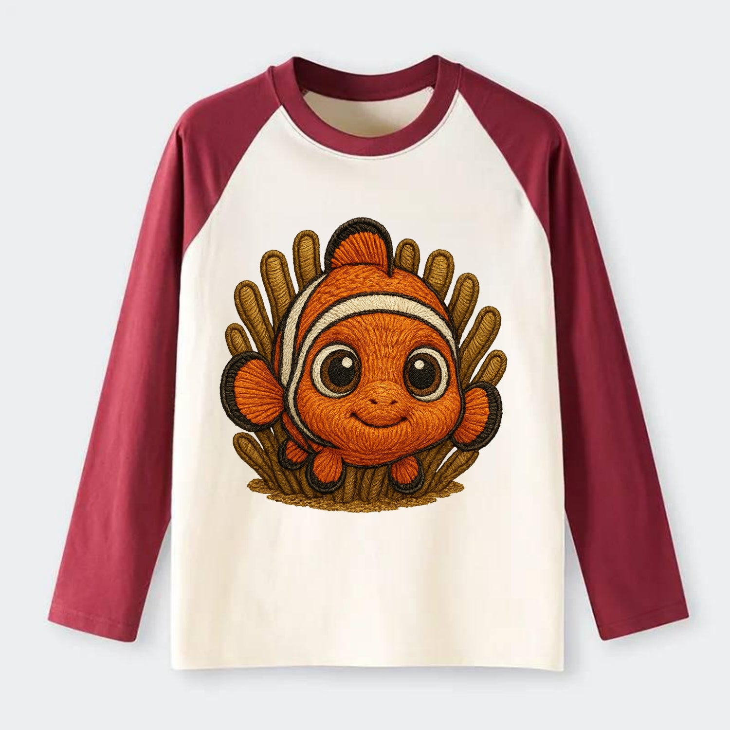 Baby Clownfish - orange with white stripes, big round eyes, - Raglan Long Sleeve T-Shirt - Red