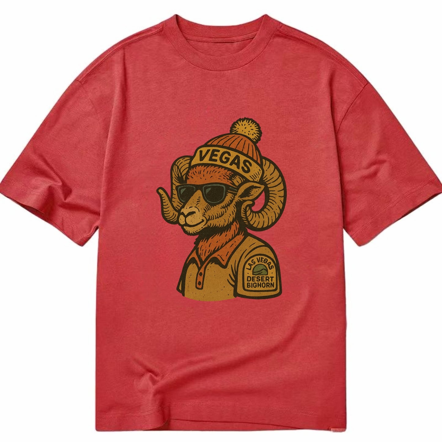 Las Vegas Desert Bighorn wearing Vegas beanie with pom pom and wayfarer sunglasses - Classic T-shirt - Red