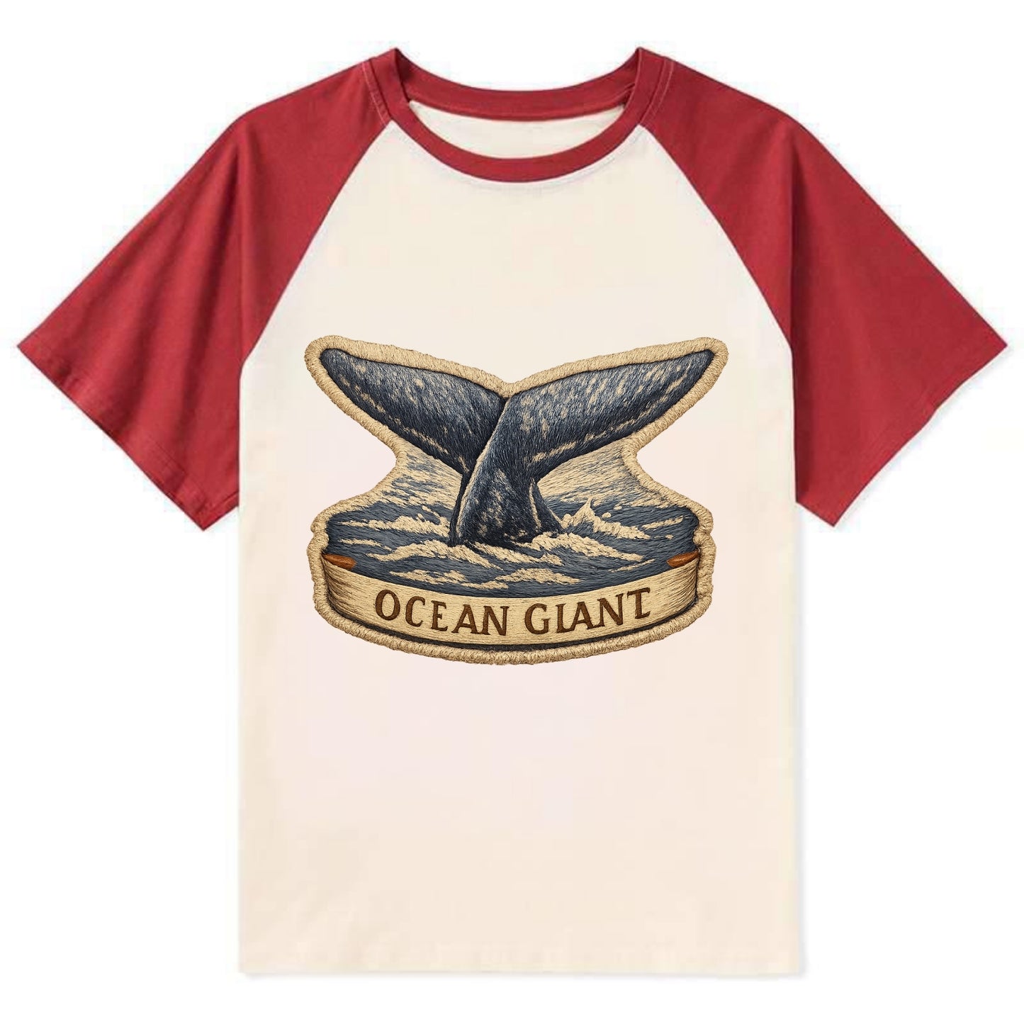 WHALE TAIL - diving whale in blue and gray , ocean giant - Contrast Raglan T-shirt - Red