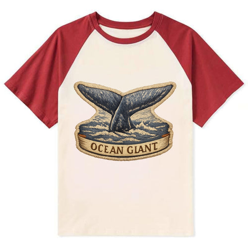 WHALE TAIL - diving whale in blue and gray , ocean giant - Contrast Raglan T-shirt