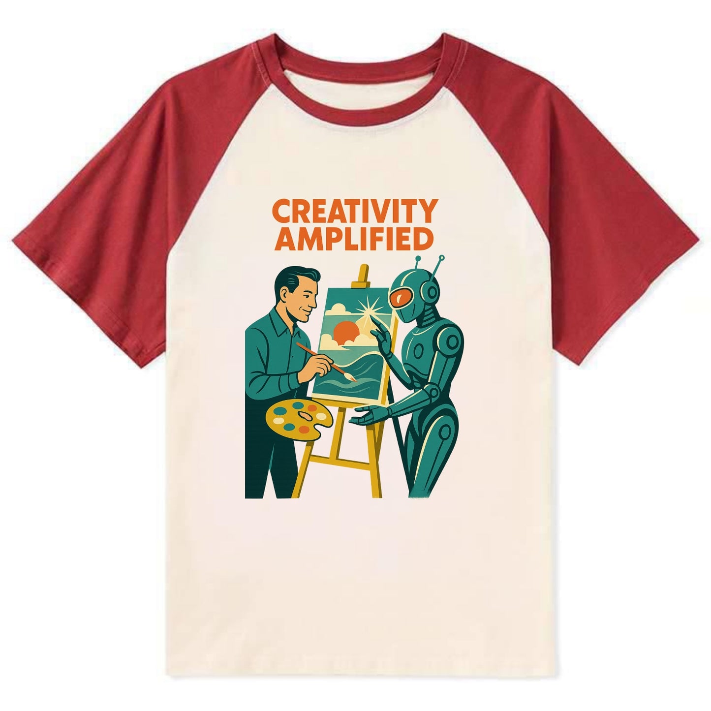 Artist and AI creating beautiful masterpiece together - "Creativity - Contrast Raglan T-shirt - Red