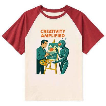 Artist and AI creating beautiful masterpiece together - "Creativity - Contrast Raglan T-shirt - Red