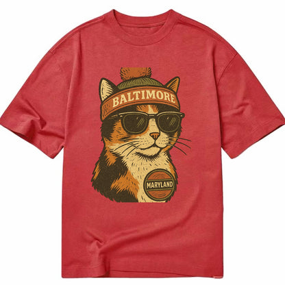 Maryland Calico Cat wearing Baltimore beanie with pom pom and wayfarer sunglasses - Classic T-shirt - Red