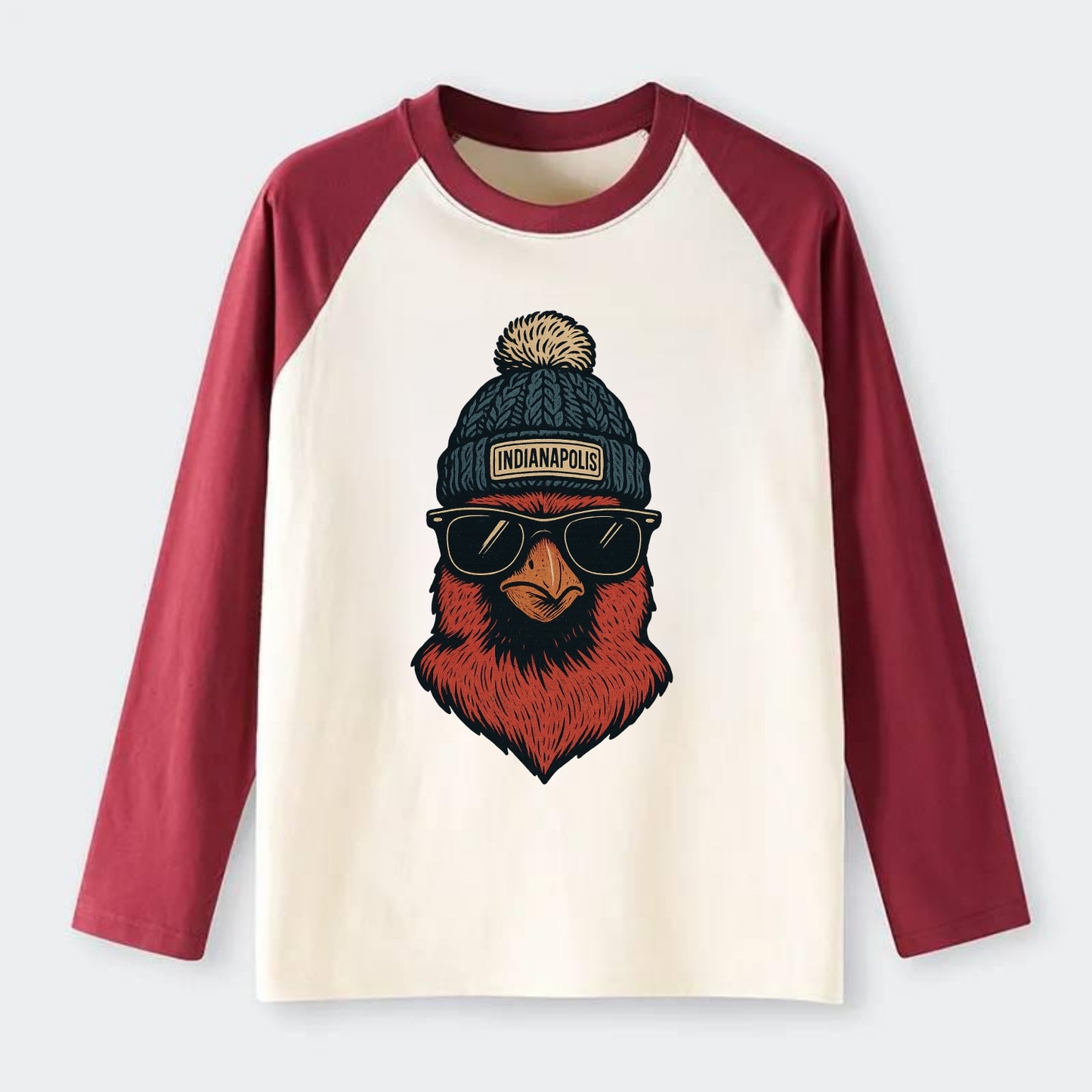 Indiana Cardinal wearing Indianapolis beanie with pom pom and wayfarer - Raglan Long Sleeve T-Shirt - Red