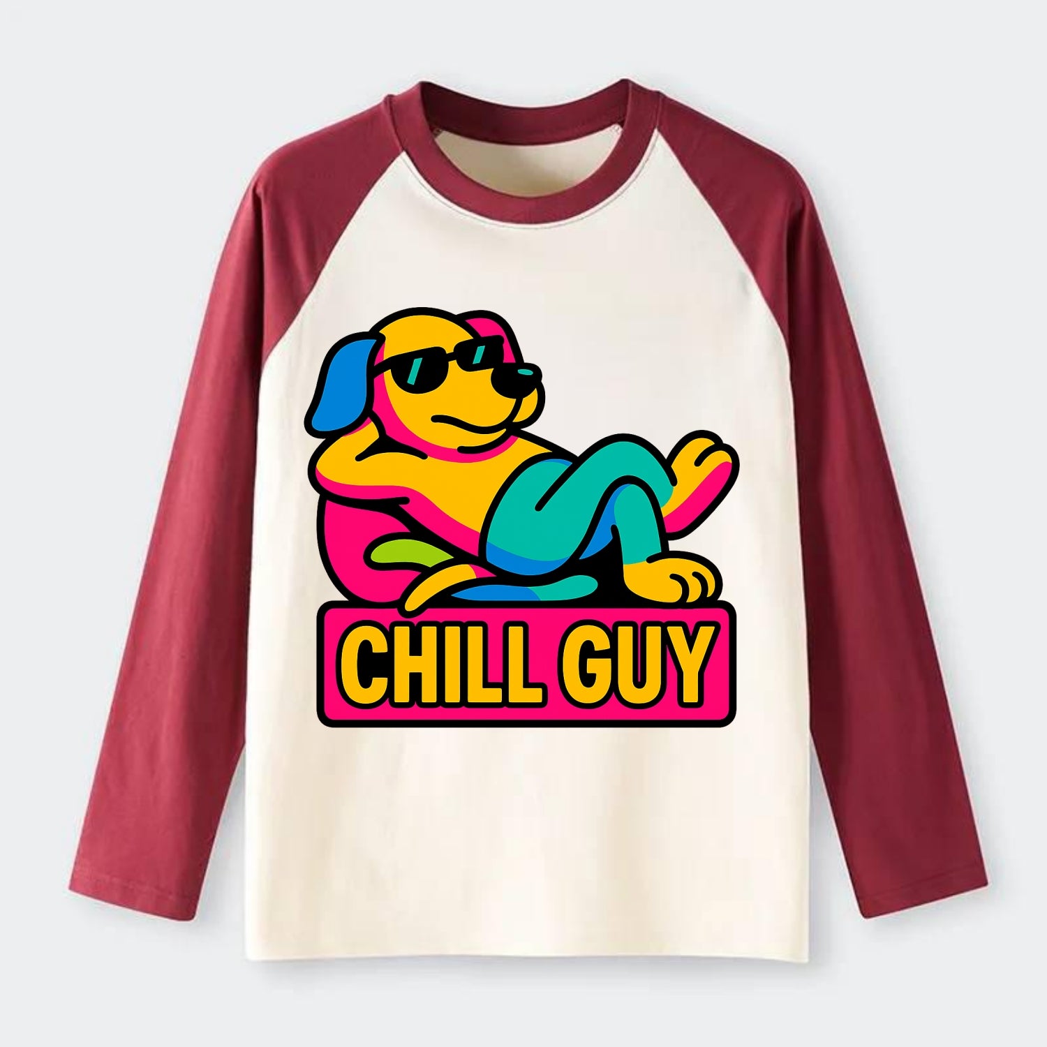 Super relaxed dog character lounging unbothered - "Chill Guy" meme - Raglan Long Sleeve T-Shirt - Red