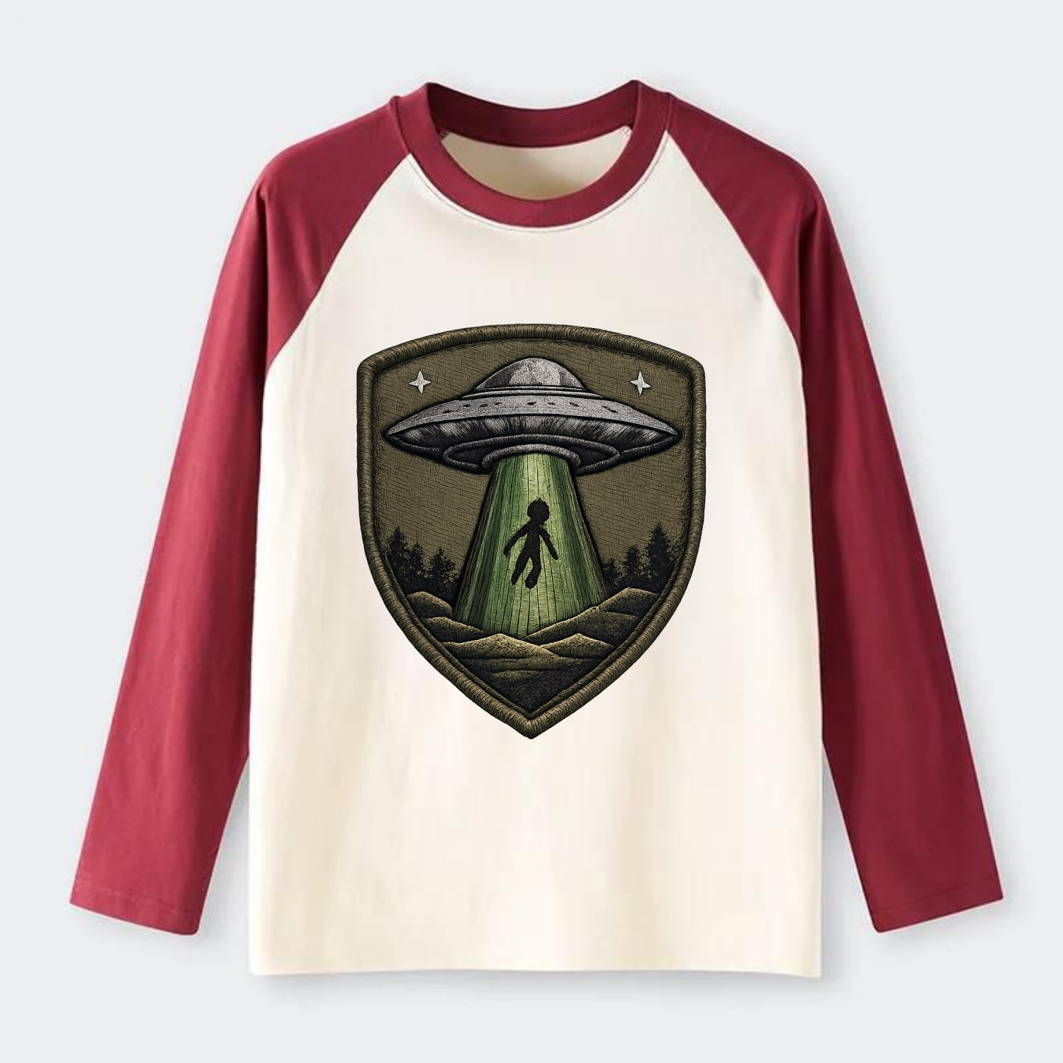 UFO ALIEN - flying saucer with beam in silver and green , - Raglan Long Sleeve T-Shirt - Red