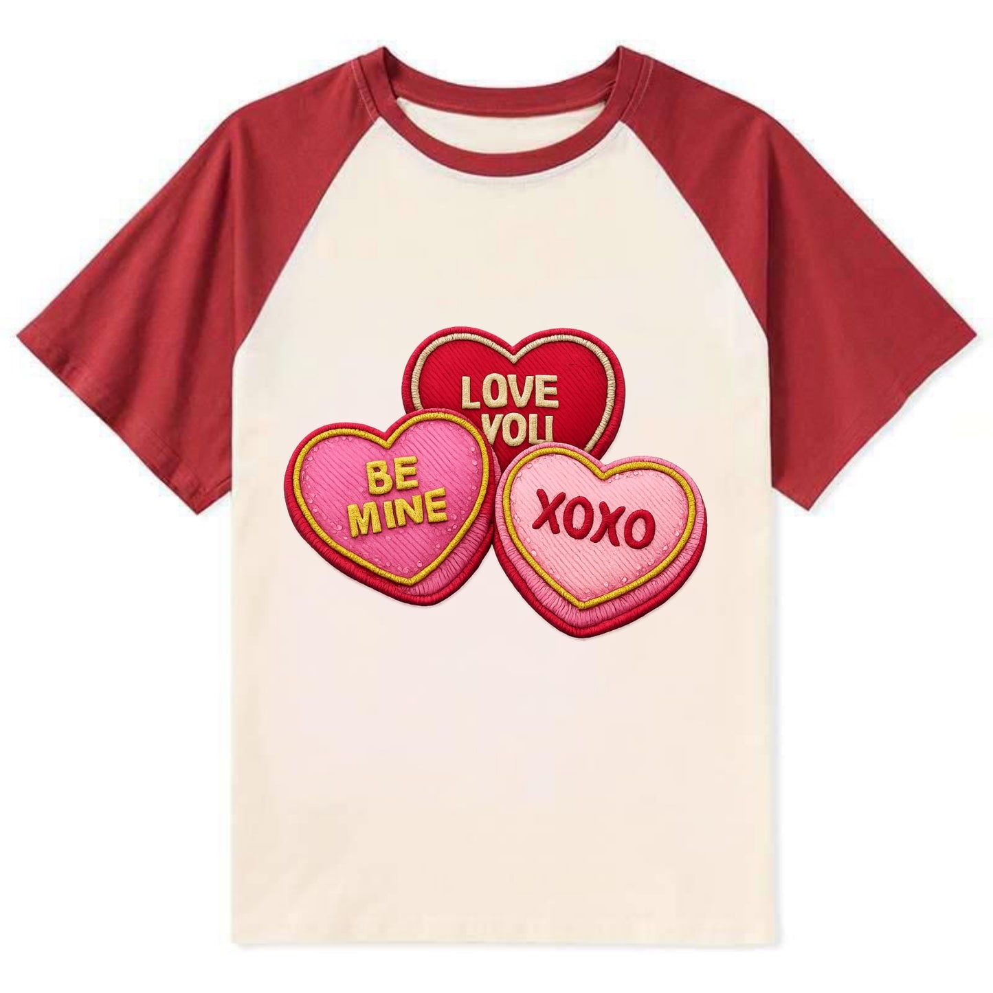 VALENTINES HEARTS - candy hearts in pink and red , love day - Contrast Raglan T-shirt - Red