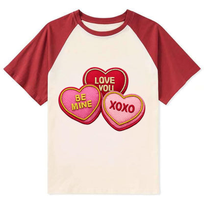 VALENTINES HEARTS - candy hearts in pink and red , love day - Contrast Raglan T-shirt - Red