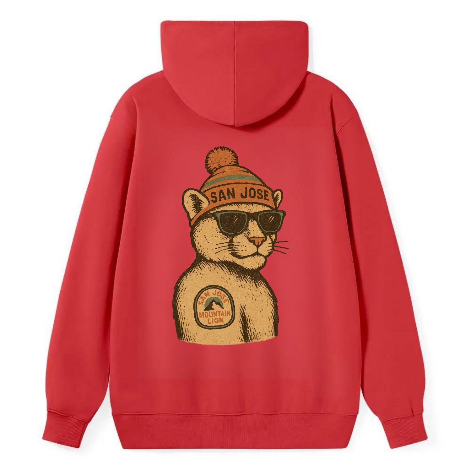 San Jose Mountain Lion wearing San Jose beanie with pom pom and wayfarer - Classic Pullover Hoodie - Red
