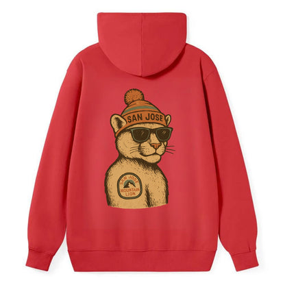 San Jose Mountain Lion wearing San Jose beanie with pom pom and wayfarer - Classic Pullover Hoodie - Red