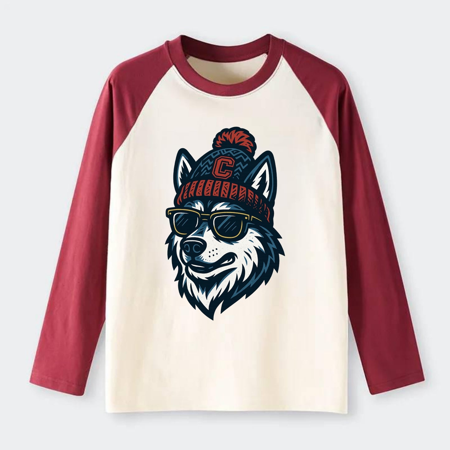 Storrs Husky wearing UConn beanie with C patch - Raglan Long Sleeve T-Shirt - Red