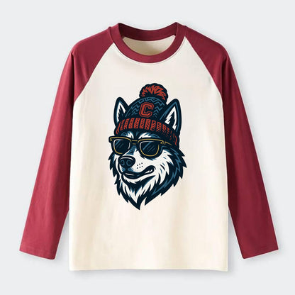 Storrs Husky wearing UConn beanie with C patch - Raglan Long Sleeve T-Shirt - Red