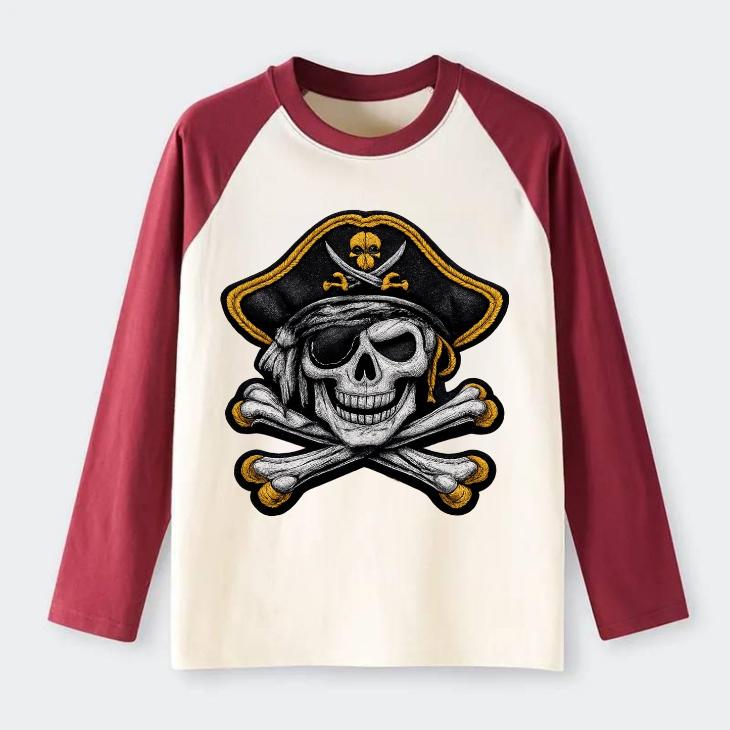 PIRATE SKULL - Jolly Roger skull in black and white , pirate - Raglan Long Sleeve T-Shirt - Red