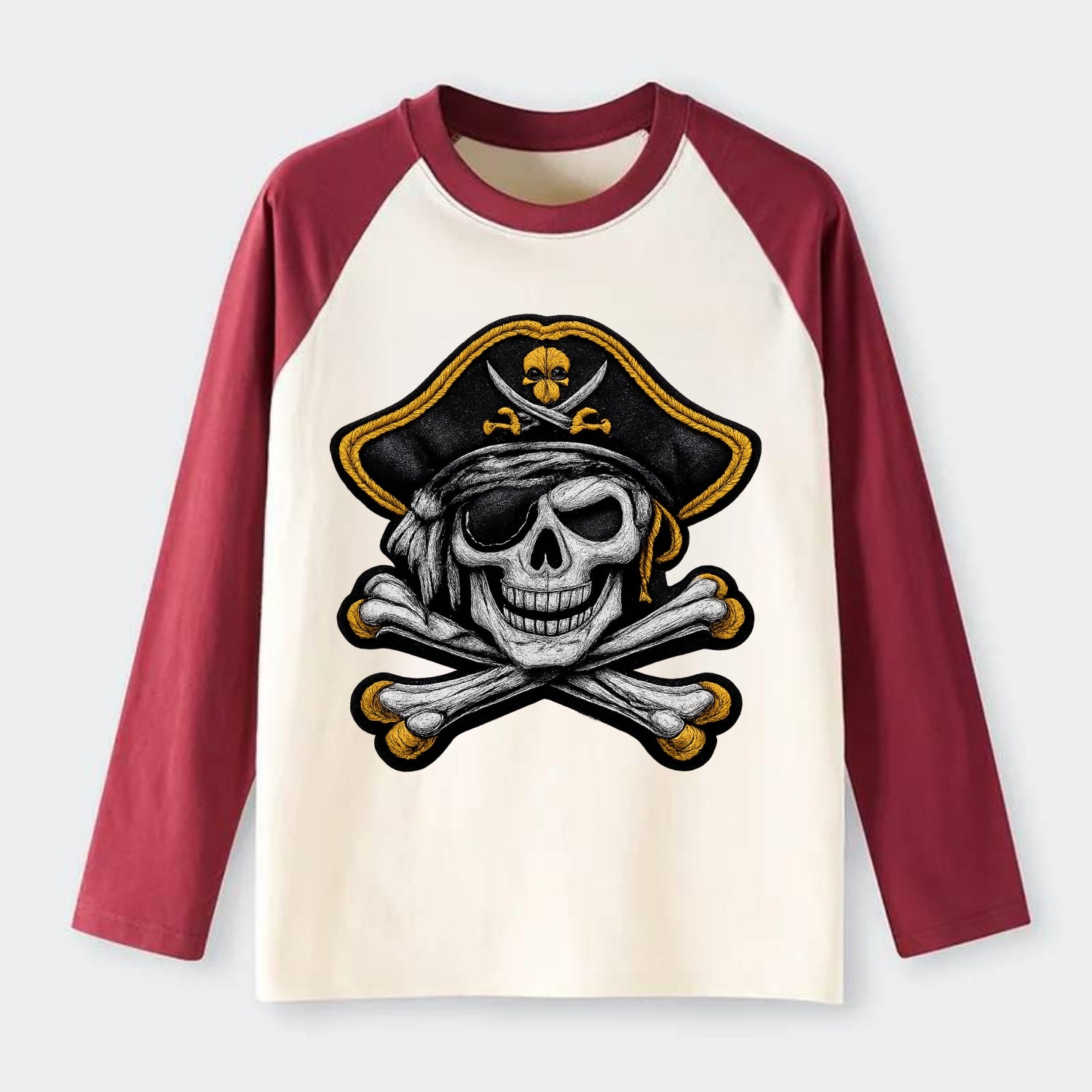 PIRATE SKULL - Jolly Roger skull in black and white , pirate - Raglan Long Sleeve T-Shirt - Red