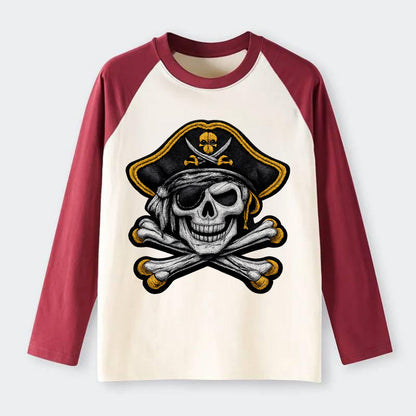 PIRATE SKULL - Jolly Roger skull in black and white , pirate - Raglan Long Sleeve T-Shirt - Red