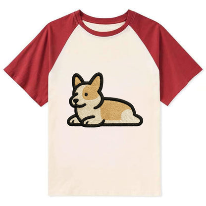 Corgi - Sploot lying position - Contrast Contrast Raglan T-shirt - Red