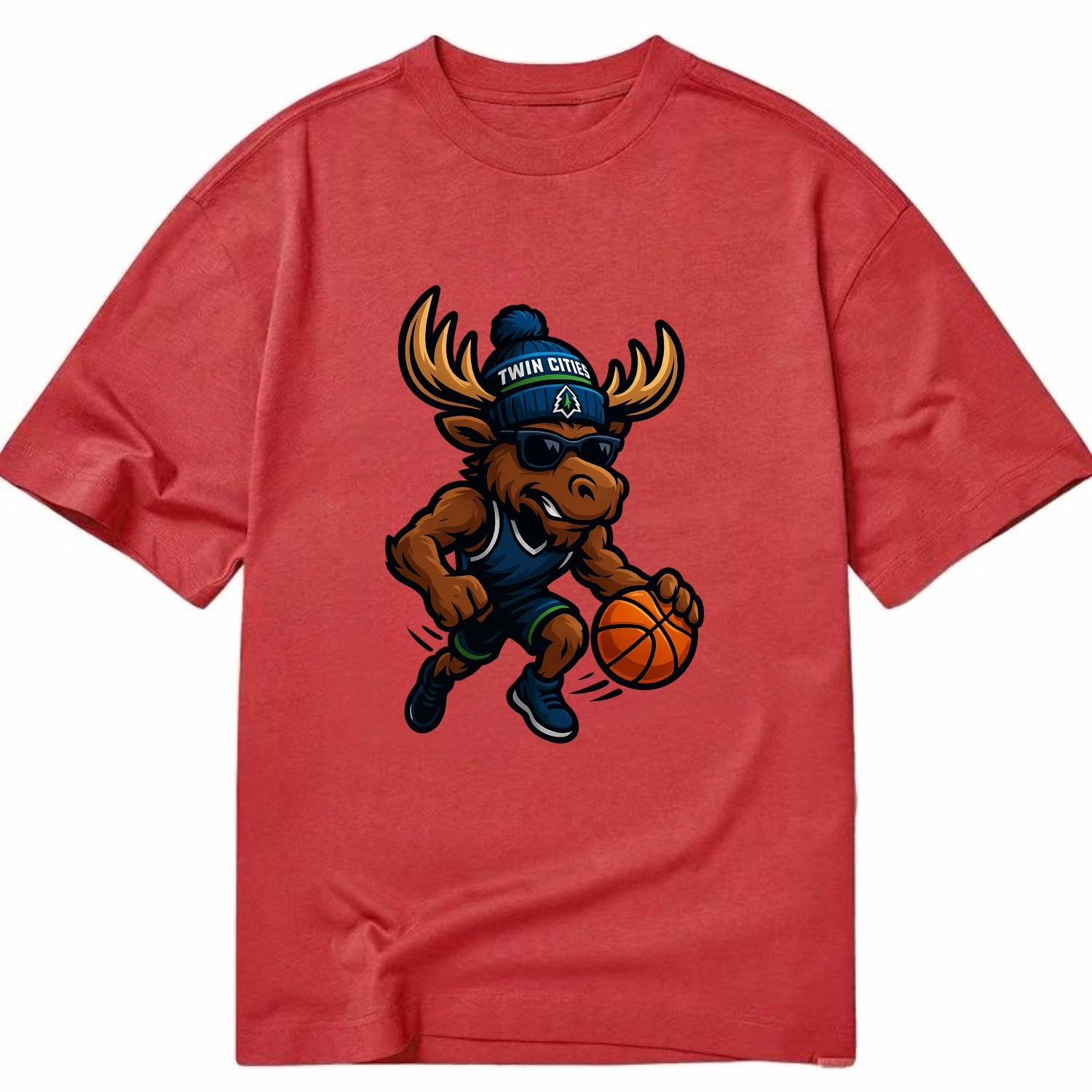 Twin Cities Moose wearing Timberwolves beanie with pine tree patch and wayfarer - Classic T-shirt - Red
