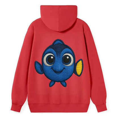 Baby Blue Tang - bright blue with yellow tail, big eyes, front-facing, - Classic Pullover Hoodie - Red