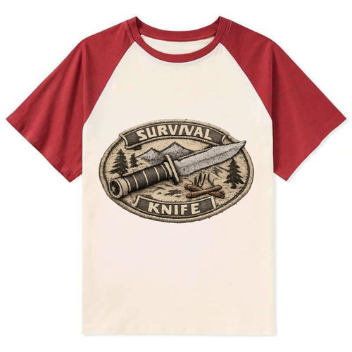 SURVIVAL KNIFE - fixed blade with compass in silver and black , bushcraft - Contrast Raglan T-shirt