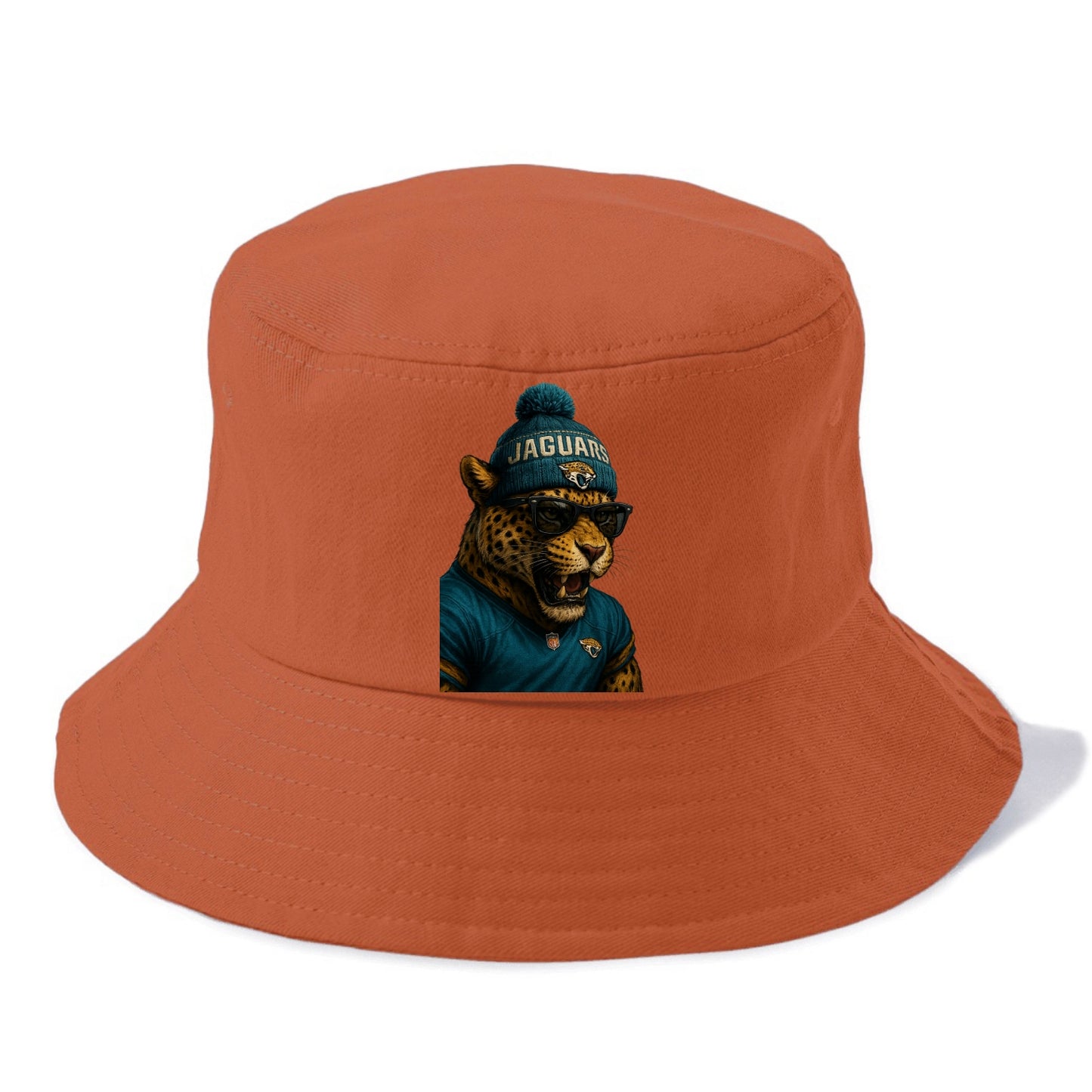 Jacksonville Jaguar wearing Jaguars teal and gold beanie with pom pom and wayfarer - Bucket Hat - Red