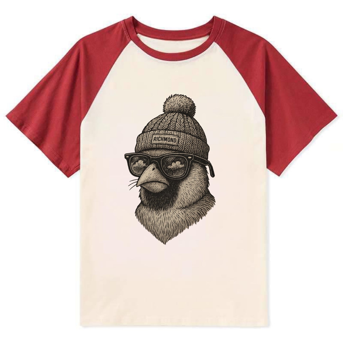 Virginia Cardinal wearing Richmond beanie with pom pom and wayfarer - Contrast Raglan T-shirt - Red