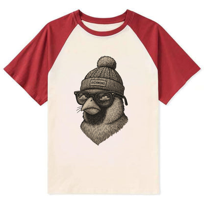 Virginia Cardinal wearing Richmond beanie with pom pom and wayfarer - Contrast Raglan T-shirt - Red