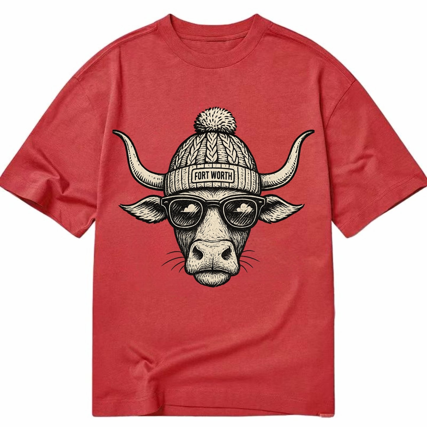 Fort Worth Longhorn wearing Fort Worth beanie with pom pom and wayfarer sunglasses - Classic T-shirt - Red