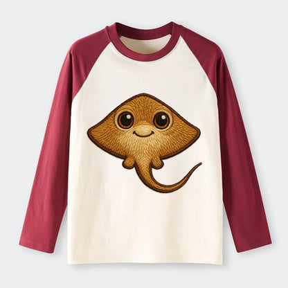 Baby Stingray - flat body, long tail, eyes on top, front-facing, - Raglan Long Sleeve T-Shirt - Red