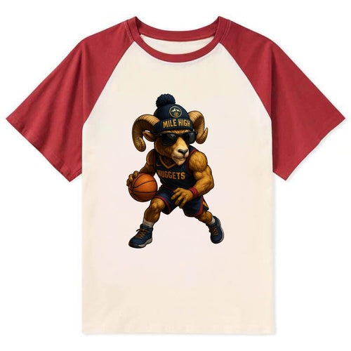 Mile High Bighorn wearing Nuggets beanie with mountain patch and wayfarer - Contrast Raglan T-shirt