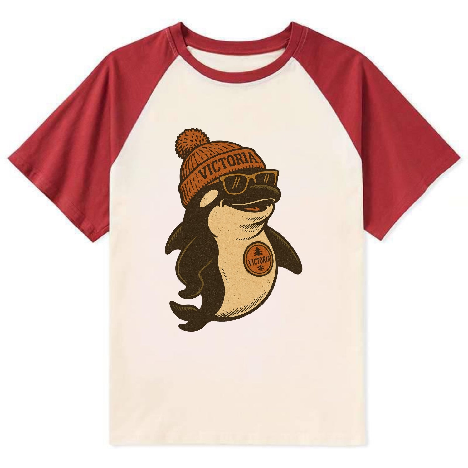 Victoria Orca wearing Victoria beanie with pom pom and wayfarer sunglasses - Contrast Raglan T-shirt - Red