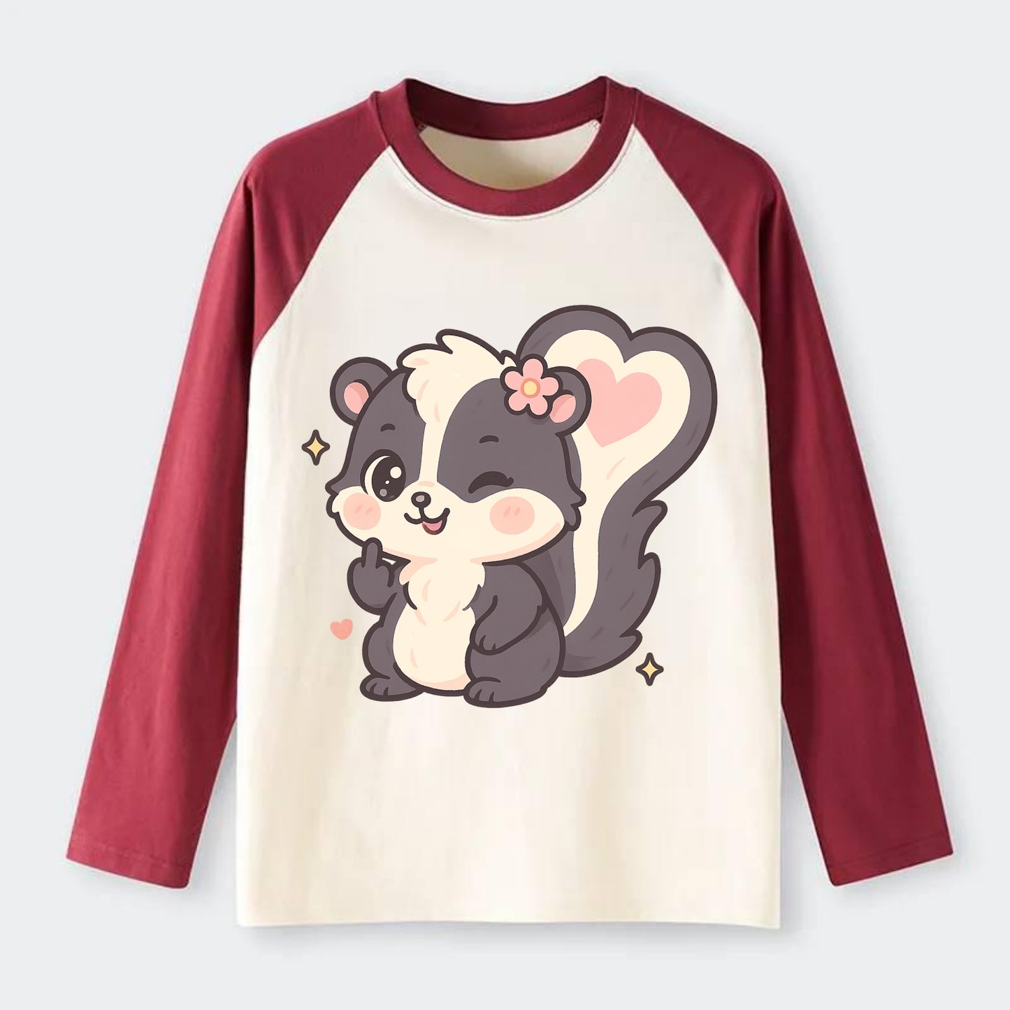 fluffy skunk with heart-shaped tail pattern, one paw up showing sass - Raglan Long Sleeve T-Shirt - Red