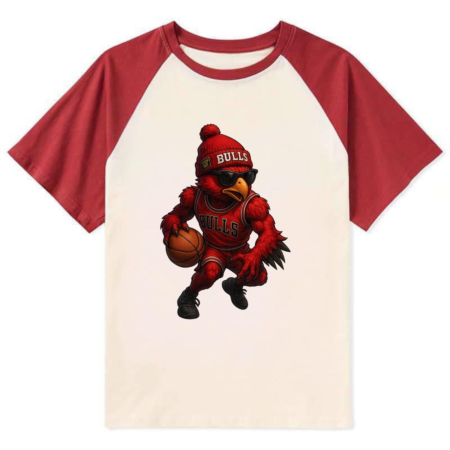 Windy City Hawk wearing Bulls beanie with six rings patch and wayfarer - Contrast Raglan T-shirt - Red