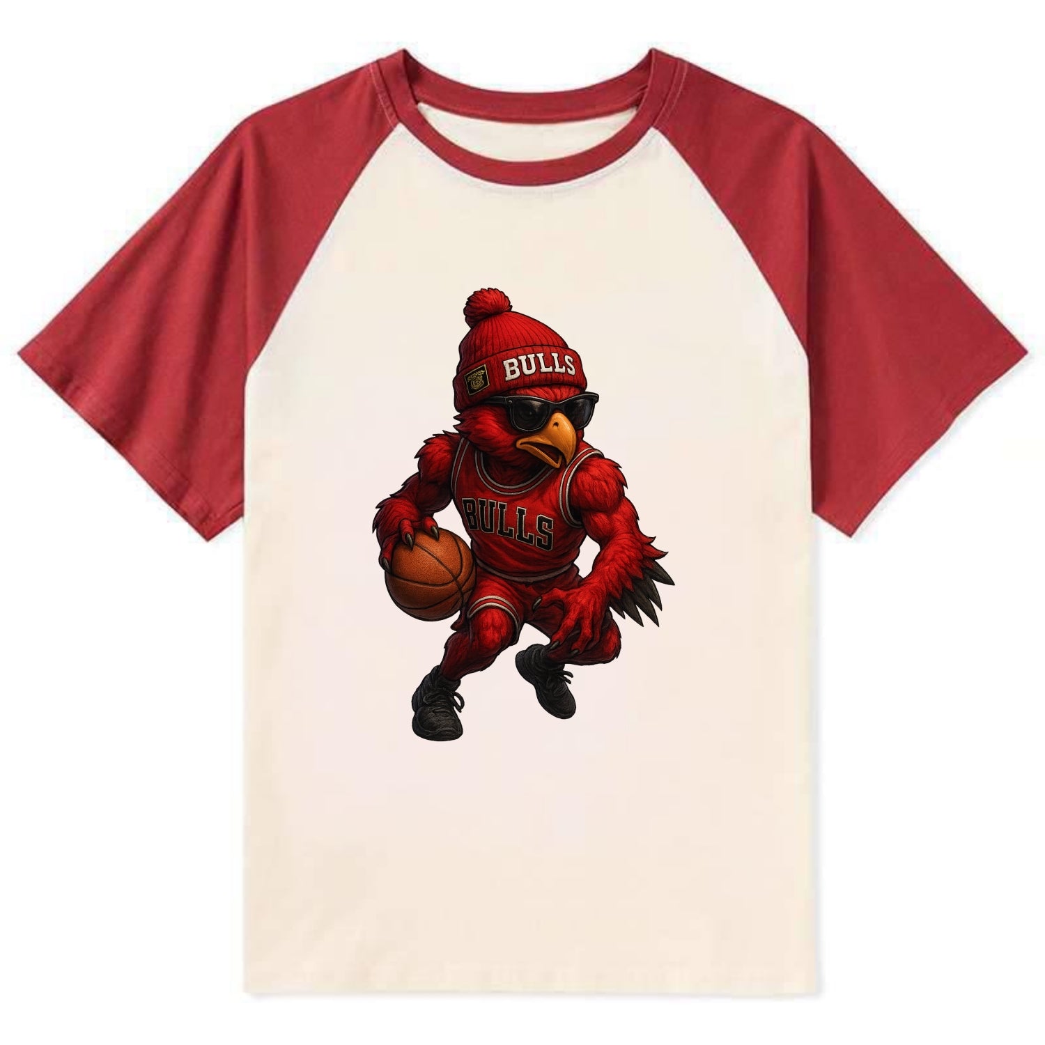 Windy City Hawk wearing Bulls beanie with six rings patch and wayfarer - Contrast Raglan T-shirt - Red