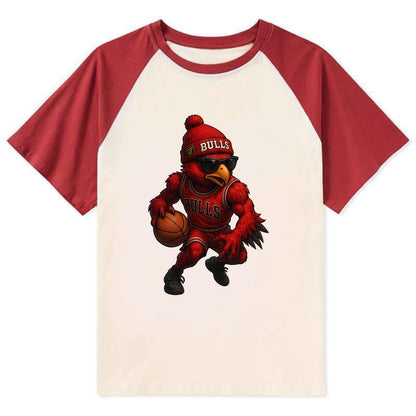 Windy City Hawk wearing Bulls beanie with six rings patch and wayfarer - Contrast Raglan T-shirt - Red