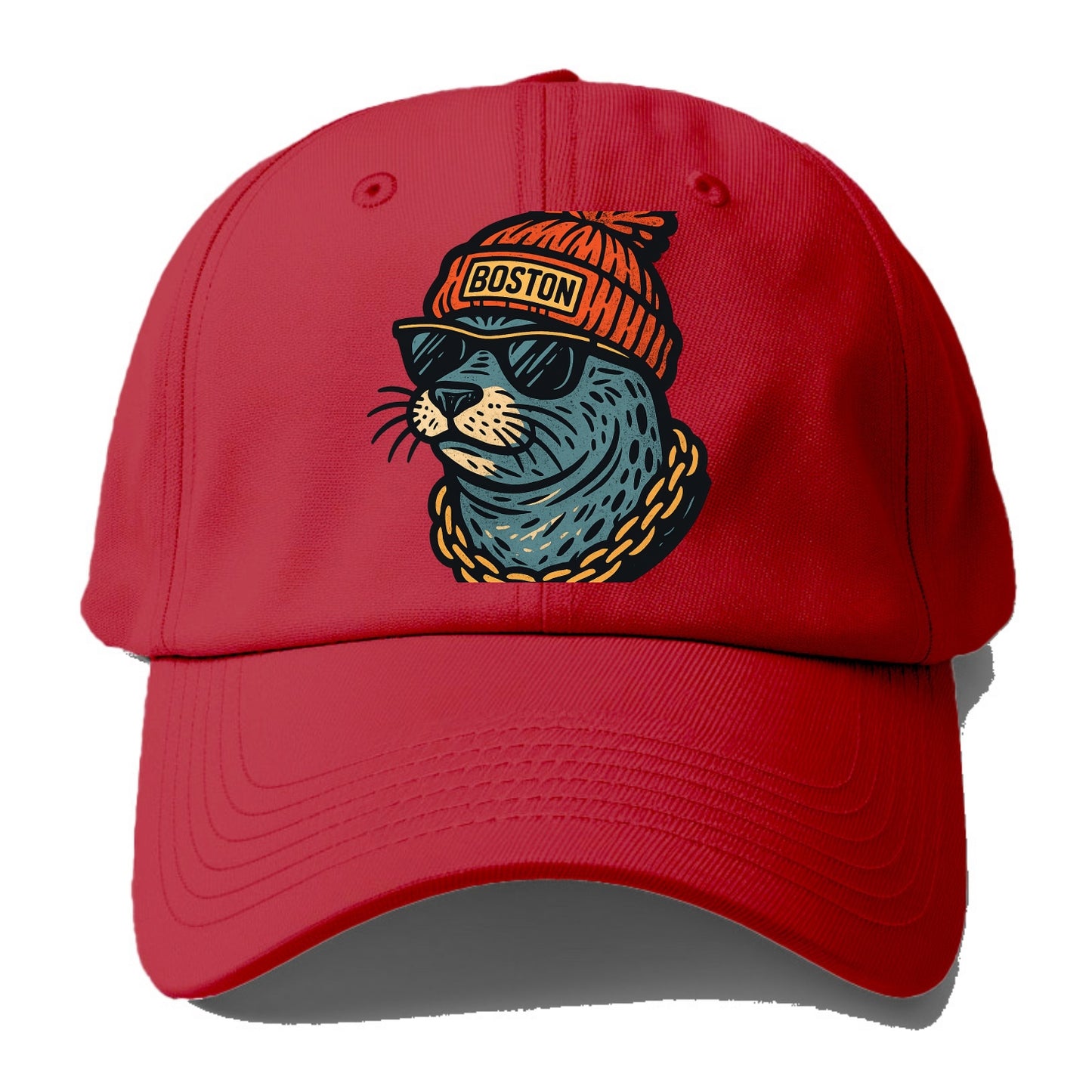 Boston Harbor Seal wearing Boston beanie with pom pom and wayfarer sunglasses - Baseball Cap - Red