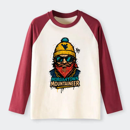 Morgantown Mountaineer wearing West Virginia beanie with WV patch - Raglan Long Sleeve T-Shirt - Red