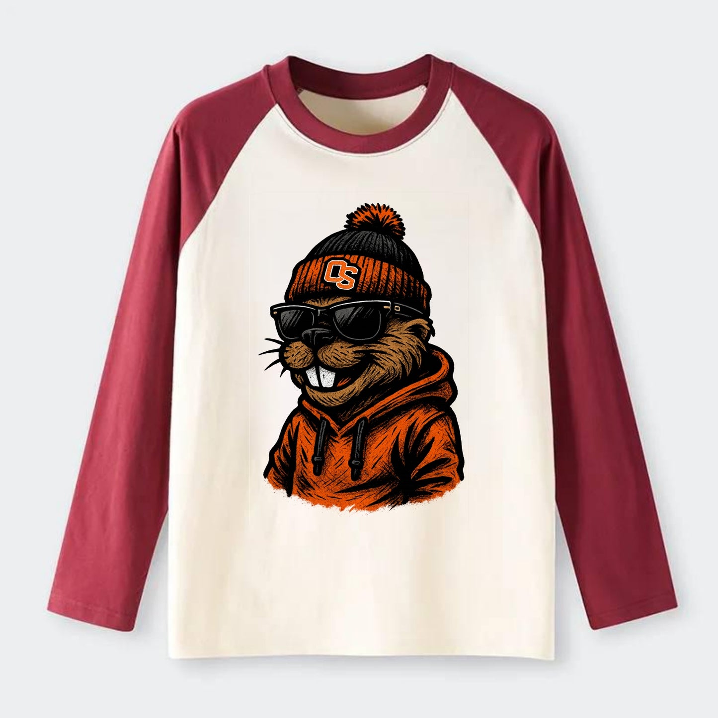 Corvallis Beaver wearing Oregon State beanie with OS patch - Raglan Long Sleeve T-Shirt - Red