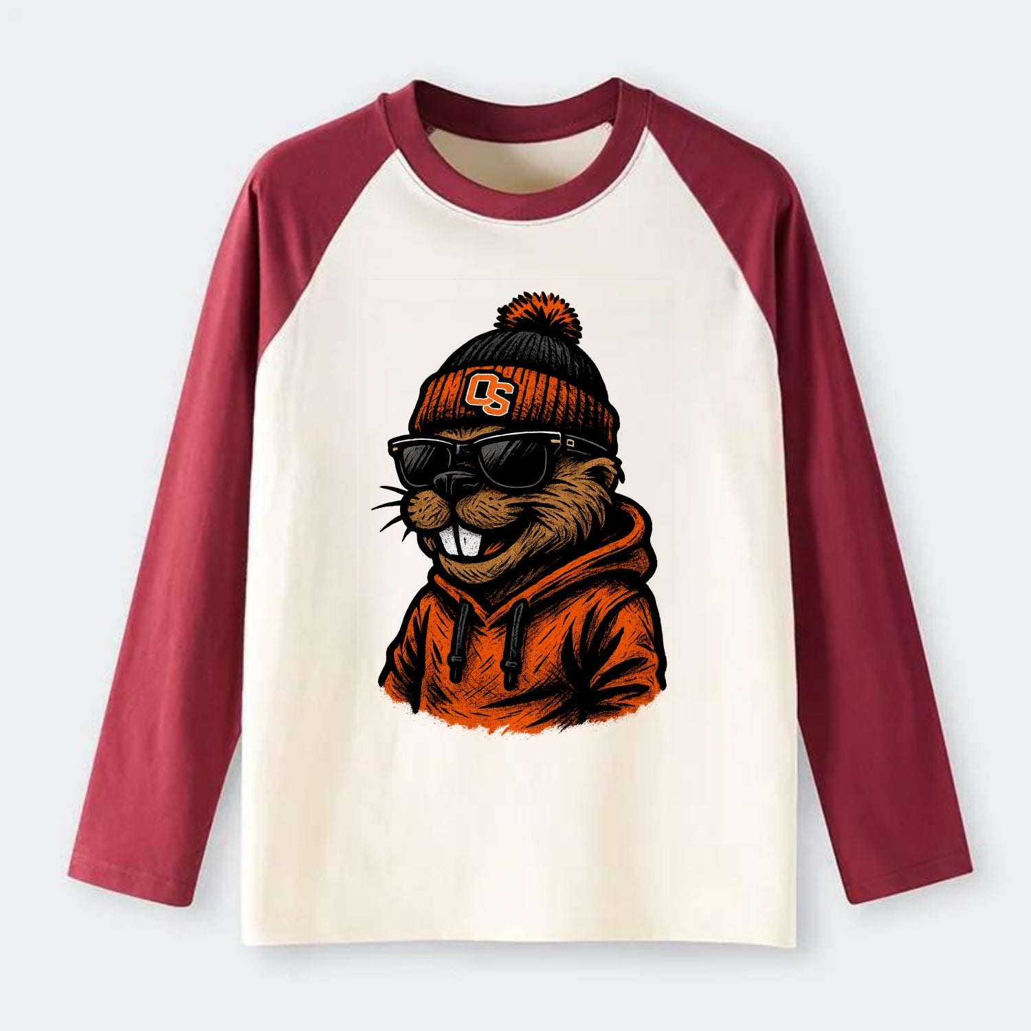 Corvallis Beaver wearing Oregon State beanie with OS patch - Raglan Long Sleeve T-Shirt - Red